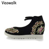 Veowalk High End Floral Embroidered Women Canvas Flat Platforms Mid Top Ankle Strap Chinese Style Ladies Casual Denim Shoes