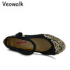 Veowalk High End Floral Embroidered Women Canvas Flat Platforms Mid Top Ankle Strap Chinese Style Ladies Casual Denim Shoes