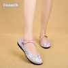 Veowalk Chinese Vintage Flower Embroidered Women Cotton Nurse Ballet Flats Triangle Buckles Ladies Soft Foldable Comfort Shoes