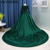 Emerald Green Lace Long Sleeves Muslim Wedding Dress 2018 Ball Gown Princess Bride Dresses Islamic Satin Court Train Bridal Gown