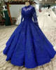 Royal Blue Long Sleeves Wedding Dresses 2018 for Women Lace up High Neck Floor Length Lace Pearls Ball Gowns Puffy Bridal Gowns