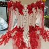 AXJFU white lace princess red flower beading crystal ruffles vintage wedding dress luxury long pearls wedding dress 05410