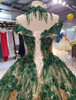 Puffy Gold Sequined Fabric Wedding Dresses 2018 with Dark Green Lace Off Shoulder Floor Length Princess Custom Made Bridal Gowns