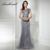 Fast Shipping in Stock Gray Long Mermaid Evening Dresses with Beaded Sequined Tulle Cap Sleeve Plus Size Women Party Gowns LX296