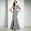 Fast Shipping in Stock Gray Long Mermaid Evening Dresses with Beaded Sequined Tulle Cap Sleeve Plus Size Women Party Gowns LX296