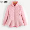 SHEIN Ladies Stand Collar Ruffle Hem Quilted Coat Casual Women Winter Coat Pink Autumn Zipper Long Sleeve Padded Coat