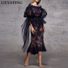 Vintage Black Lace Mermaid Cocktail Dresses with Long Sleeves Peplum Elegant Tea Length Short Evening Party Dress Dinner Gowns