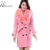 WMWMNU 2018 winter fashion slim long wool coat women Big Fur Collar Double Breasted warm wool jacket Elegant vintage pink coat