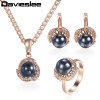 Davieslee Jewelry Sets For Women Rose Gold Color Black Simulated Pearl Women's Earrings Rings Pendant DGE120