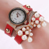 New Watches Women Luxury Bow Pearl Bracelet Wristwatch Women Fashion Leather Electronics Watch Clock Black Brown Red