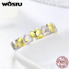 WOSTU Real 925 Sterling Silver Stackable Gold Color Heart Ring for Women Luxury Brand Anniversary Jewelry Gift For Wife CQR317