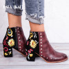 LALA IKAI Women Embroider High Ankle Shoes Boots Wine Red Flock PU Leather Plus Size Zipper Rivet Flower Shoes 014C2292 -49