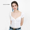 Women Frill Trim Button Up Blouse Vintage Short Sleeve Top