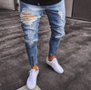 Fashion Streetwear Mens Jeans Hip Hop Pants Blue Color Destroy Ripped Jeans Broken Elastic Skinny Fit Zipper Open Punk Jeans Men