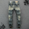 Italian Style Fashion Mens Jeans Retro Design Slim Fit Denim Ripped Jeans Mens Pants Brand Clothing Nostalgia Color Biker Jeans