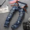 Fashion Blue men's jeans ripped pants Punk Rock style elasticity casual Holes trousers cool stretch man denim pants 
