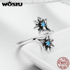 WOSTU Genuine 925 Sterling Silver Plant Flower Blue Cubic Zircon Open Resizable Finger Ring Female S925 Luxury Gift BKR249