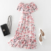 Summer Bohemian Beach Long Dress Women Slash Neck Short Sleeve Backless Sexy Club Party Dresses Print Floral Chiffon Boho Dress