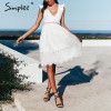  Simplee Sexy white women summer dress 2019 Backless v neck ruffle cotton lace dress Vintage holiday beach short female vestidos 