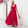  Simplee Sexy pleated red long women dress Ruffles O neck split maxi summer dress 2019 Elegant female club vestidos de fiesta