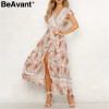 BeAvant Bohemian floral print summer dress 2019 V neck ruffle sleeve beach maxi dress Vintage sash women dress sexy vestidos