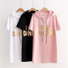  Plus size cotton hooded collar letter print t shirt women short sleeve tshirt 2018 white &amp; black &amp; pink long t-shirt summer tops