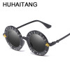 HUHAITANG Round Sunglasses Women Luxury Brand English Letters Sun Glasses Woman Vintage Transparent Sunglass Ladies Bee Designer