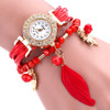 Duoya Brand Quartz Watches Women Fashion Feather Pendant Luxury Bracelet Wristwatch Women Dress Ladies Leather Strap Gold Watchh