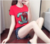 Summer new Korean embroidery sequins round neck Joker short sleeve T - shirt