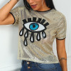 Women Sequined Spliced Fashion T Shirts Ladies O Neck Short Sleeve Shiny Tops Summer High Street Eye Print Casual Tops