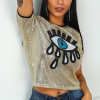 Women Sequined Spliced Fashion T Shirts Ladies O Neck Short Sleeve Shiny Tops Summer High Street Eye Print Casual Tops