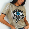 Women Sequined Spliced Fashion T Shirts Ladies O Neck Short Sleeve Shiny Tops Summer High Street Eye Print Casual Tops