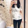 Women T-shirt 2019 Spring and Summer New Ink Embroidery Round Neck Contrast Color Short-sleeved T-shirt