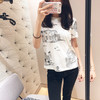 Women T-shirt 2019 Spring and Summer New Ink Embroidery Round Neck Contrast Color Short-sleeved T-shirt
