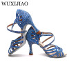 WUXIJIAO Silver Blue Rhinestone Latin Dance Shoes Women Salas Ballroom Shoes Pearl High Heel 9cm Waltz Software Shoes