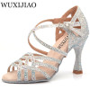 WUXIJIAO Silver Blue Rhinestone Latin Dance Shoes Women Salas Ballroom Shoes Pearl High Heel 9cm Waltz Software Shoes