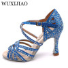 WUXIJIAO Silver Blue Rhinestone Latin Dance Shoes Women Salas Ballroom Shoes Pearl High Heel 9cm Waltz Software Shoes