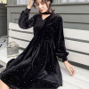 Star Velvet A-line Above-knee Dress Women Sexy V-neck Lantern Sleeve Warm Dresses Ladies Fashion Elegant Black Party Dress New