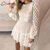 Conmoto Elegant White Mesh Short Party Dress 2019 Autumn Winter Transparent Long Sleeve Polka Dot Mini Dress Female Plus Size