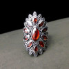 FNJ 925 Silver Flower Ring MARCASITE New Fashion Red Stone Original S925 Sterling Silver Rings for Women Jewelry Adjustable Size