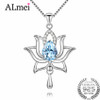 Almei Female 1.2ct Blue Topaz 925 Sterling Silver Lotus Necklaces &amp; Pendants for Women Elegant Dandelion Flower with Box CN055