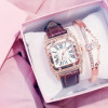 Women Square Diamond Bracelet Watches Set Ladies Leather Band Quartz Wristwatches Female Clock Zegarek Damski