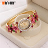 MINHIN Brand Luxury Bangle Watch Ladies Crystal Flower Bracelet Women Lovely Gift Dress Quartz Watch Gold Plated Wristwatch