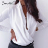 Simplee V neck office ladies blouses shirts Long sleeve autumn winter female white tops Sexy party club slim women blouse 2019