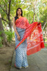 Presenting Handblock Print Gold Zari Border Red and Gray Saree with Blouse