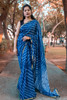 Presenting Handblock Print Gold Zari Border Blue Saree with Blouse (Design-3)