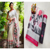 New 2021 Beautiful Designer Pure Lilian Slab Cotton Saree- White (Pink Flower Designer )