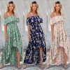 Women Vintage Floral Printed Spring Summer Boho Beach Dresses Off Shoulder Half Sleeve Split Dress Slash Neck Robe Femme