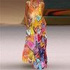 Women Casual Summer Long Dress Fashion Print Sleeveless Pocketed Lady Dress