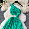 Women's Summer Slant Neck Waistless Pressed Pleated Sleeveless Sexy Dresses